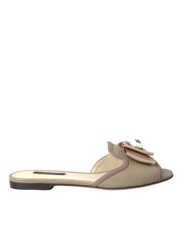 Beige Logo Pearl Flats Sandals Slides Shoes Dolce & Gabbana