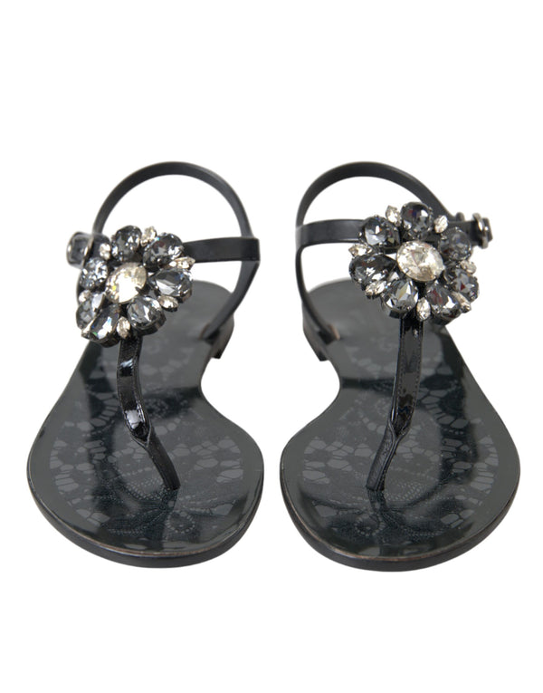 Black Crystal Flats Sandals Flip Flops Shoes Dolce & Gabbana