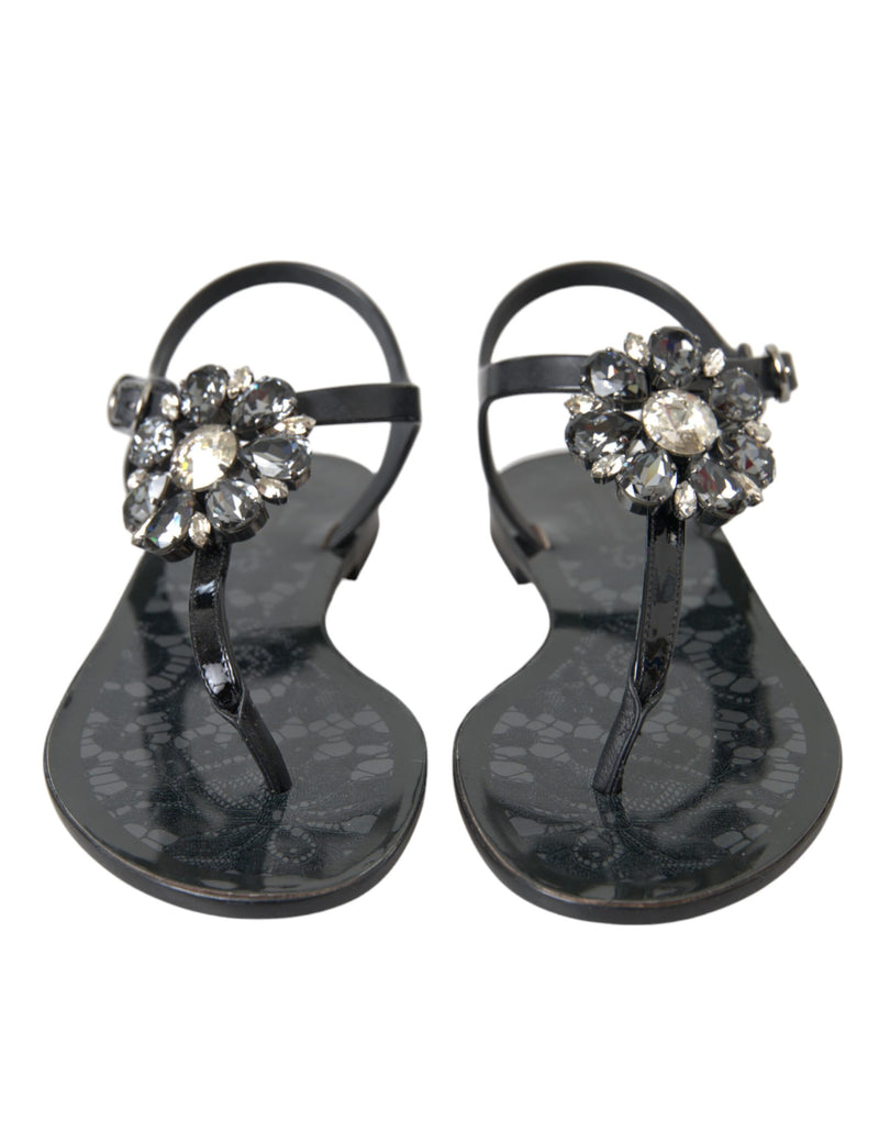 Black Crystal Flats Sandals Flip Flops Shoes Dolce & Gabbana