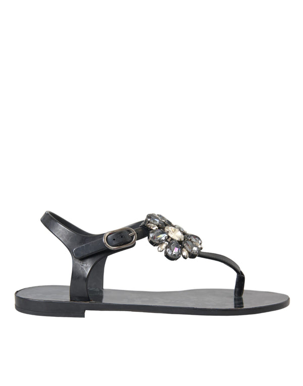 Black Crystal Flats Sandals Flip Flops Shoes Dolce & Gabbana