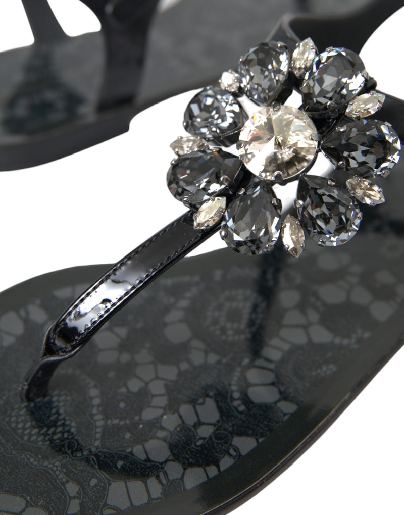 Black Crystal Flats Sandals Flip Flops Shoes Dolce & Gabbana