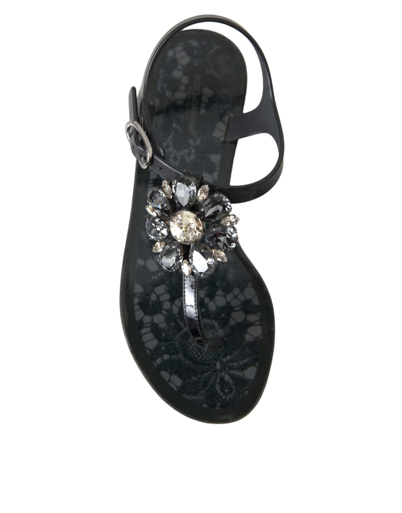 Black Crystal Flats Sandals Flip Flops Shoes Dolce & Gabbana