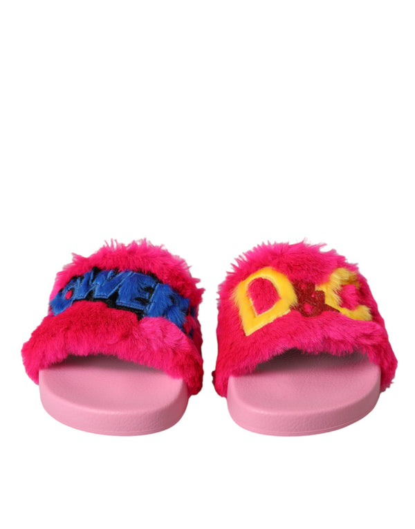 Multicolor Embroidered Fur Slides Sandals Shoes Dolce & Gabbana