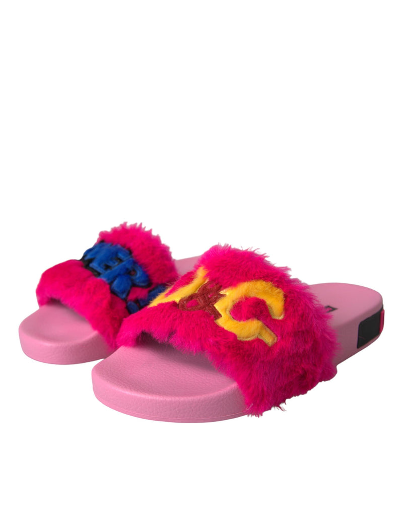 Multicolor Embroidered Fur Slides Sandals Shoes Dolce & Gabbana