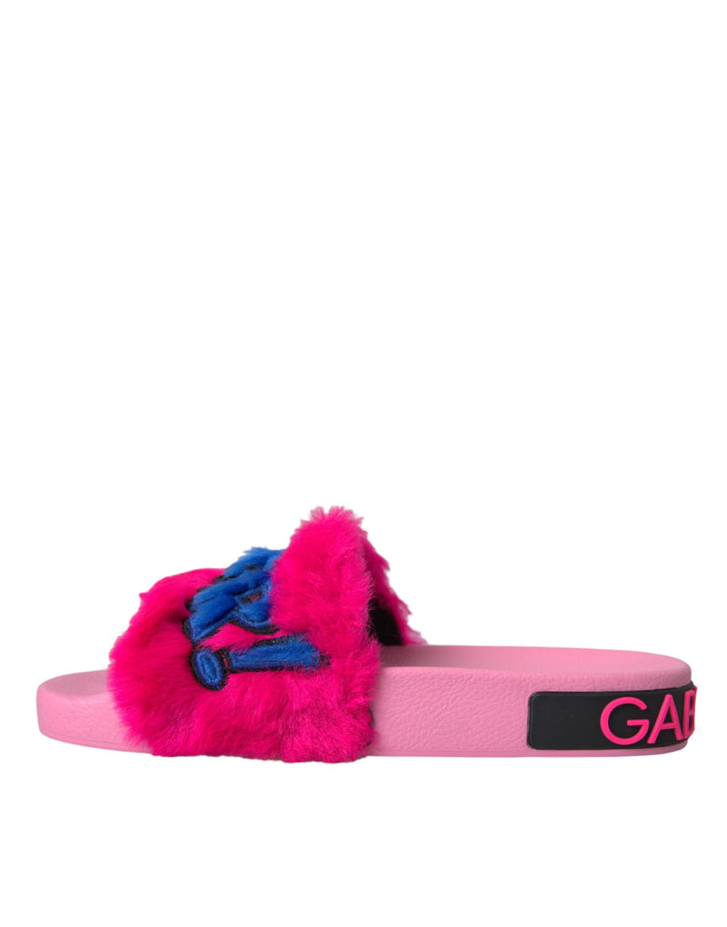 Multicolor Embroidered Fur Slides Sandals Shoes Dolce & Gabbana