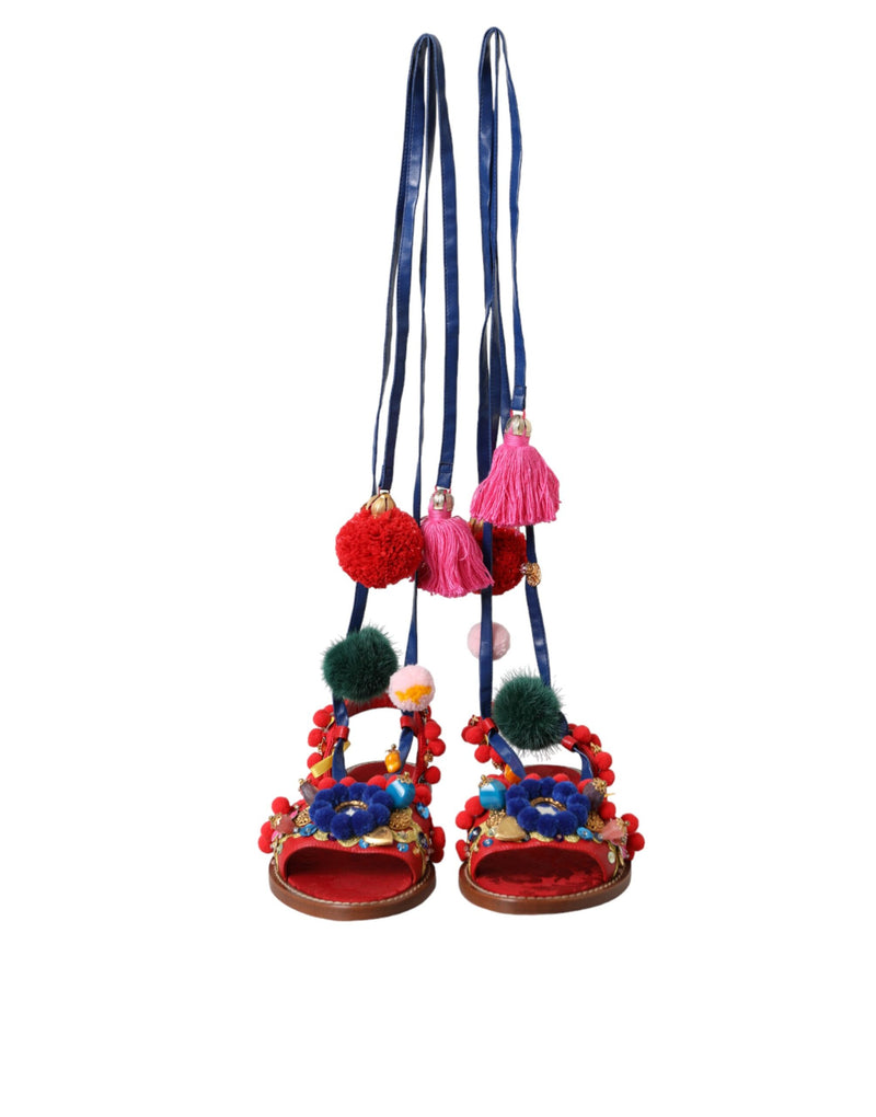 Multicolor Pom Pom Fur Wrap Sandals Shoes Dolce & Gabbana