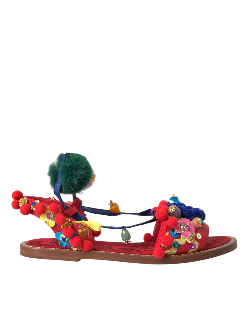 Multicolor Pom Pom Fur Wrap Sandals Shoes Dolce & Gabbana