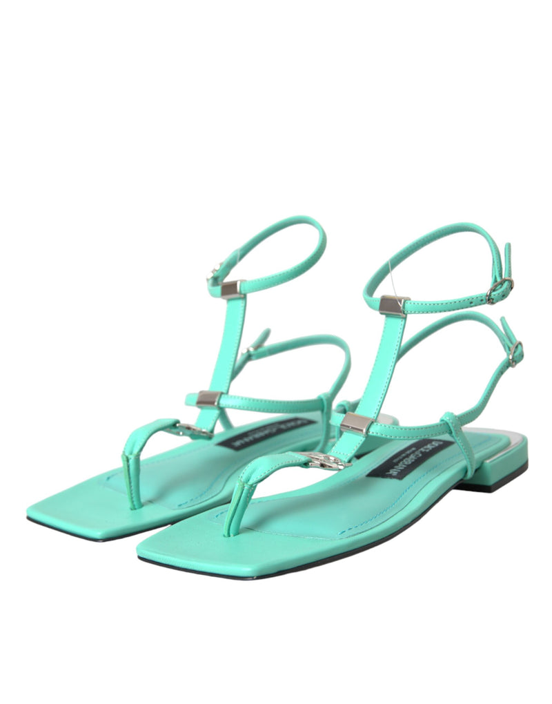 Aqua Green Leather Ankle Strap Flats Sandals Shoes Dolce & Gabbana