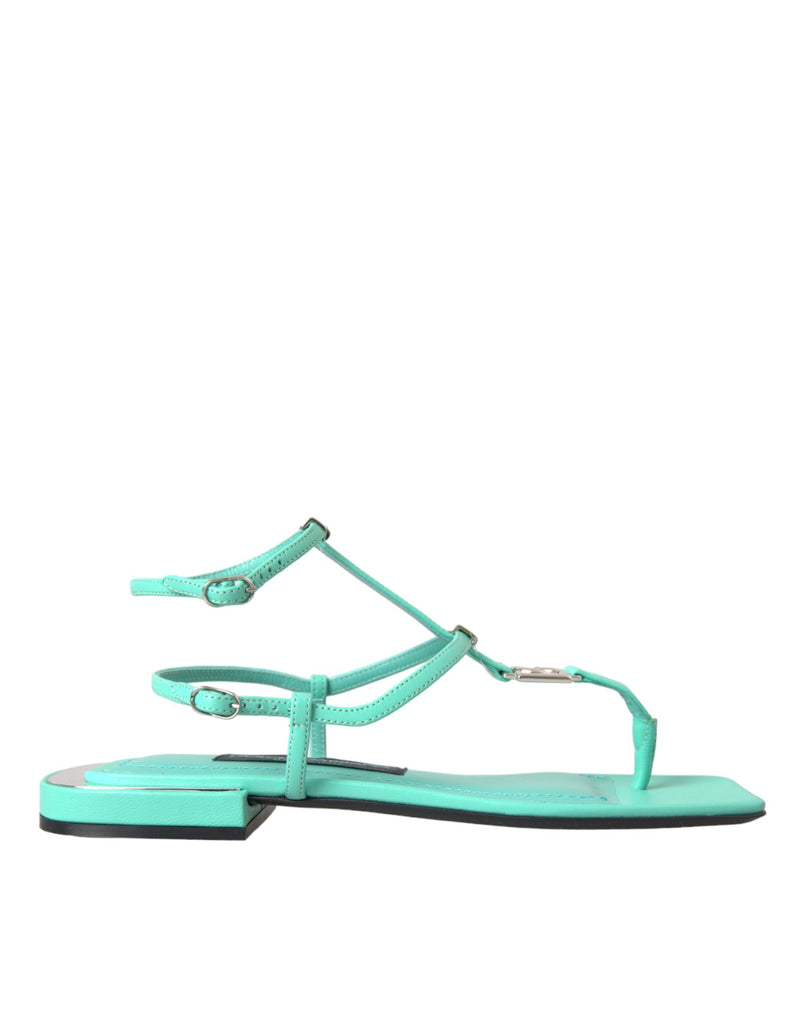 Aqua Green Leather Ankle Strap Flats Sandals Shoes Dolce & Gabbana