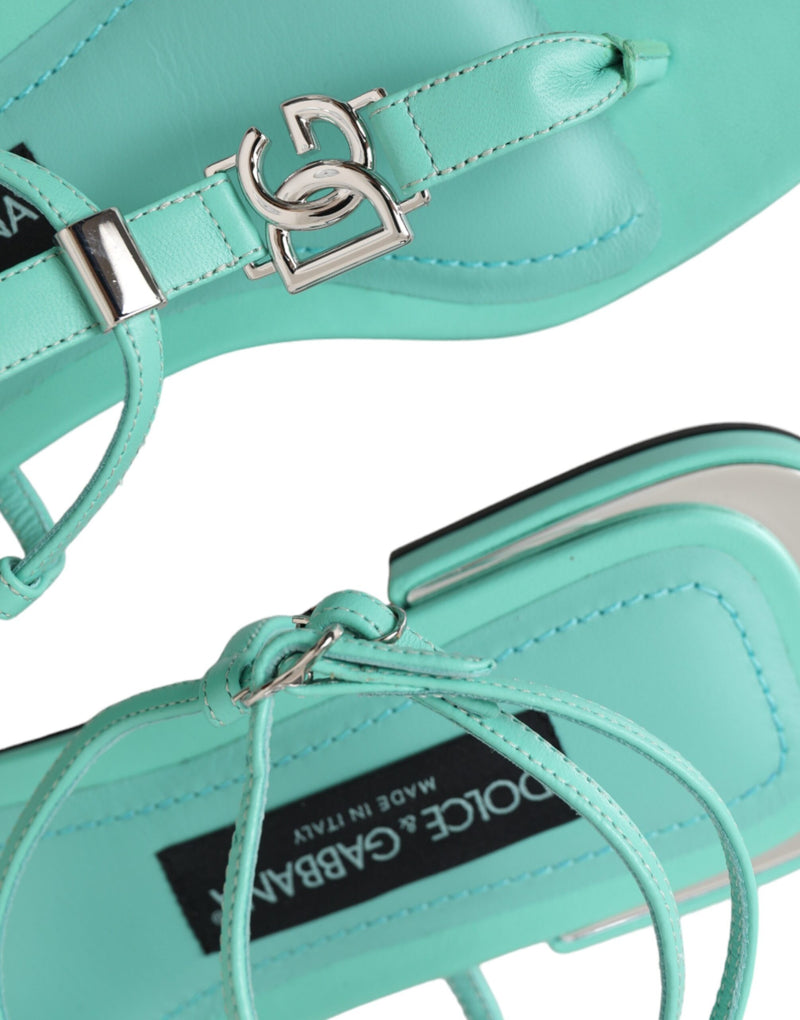 Aqua Green Leather Ankle Strap Flats Sandals Shoes Dolce & Gabbana