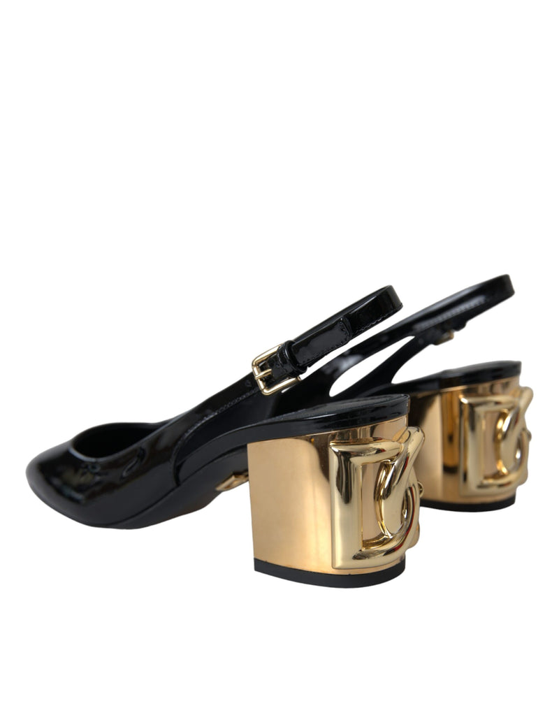 Black Gold Leather Embellished Slingbacks Shoes Dolce & Gabbana