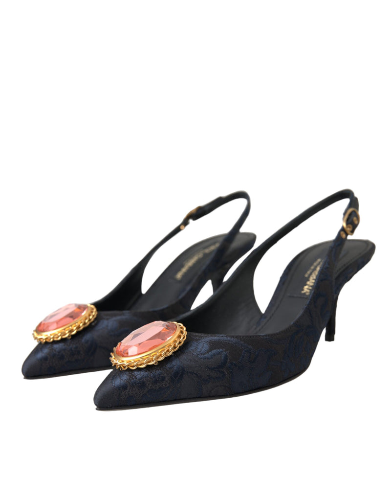 Blue Jacquard Crystal Slingback Heel Shoes Dolce & Gabbana