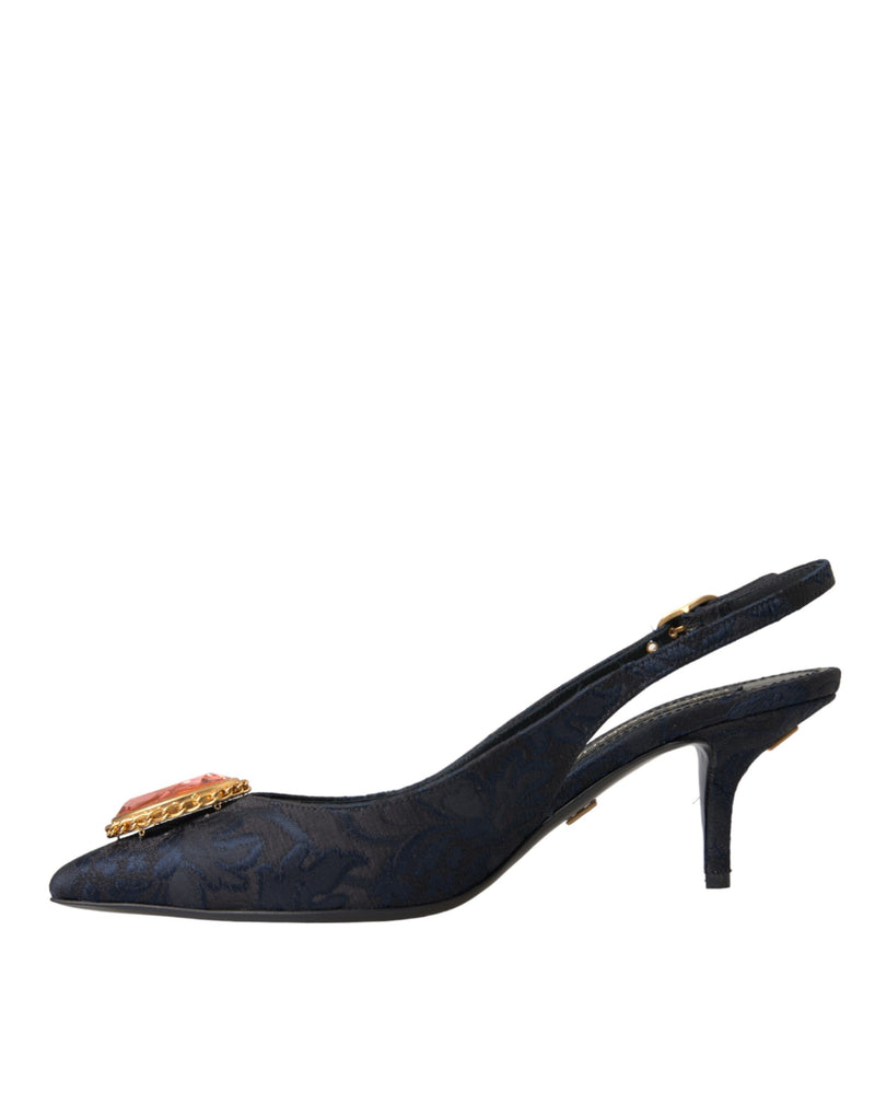 Blue Jacquard Crystal Slingback Heel Shoes Dolce & Gabbana