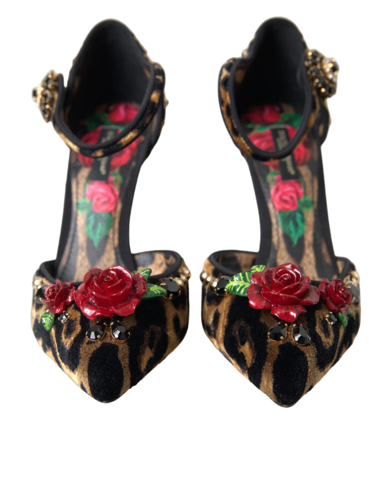 Brown Leopard Floral Crystal Mary Janes Pumps Shoes Dolce & Gabbana