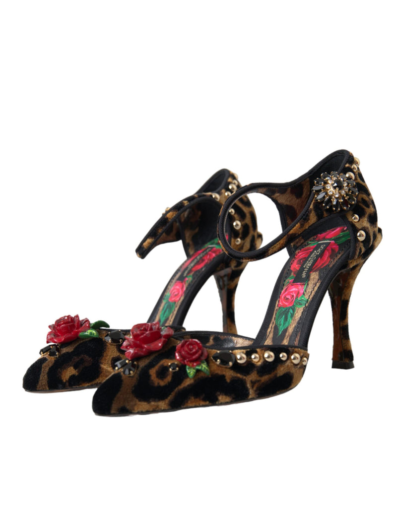 Brown Leopard Floral Crystal Mary Janes Pumps Shoes Dolce & Gabbana