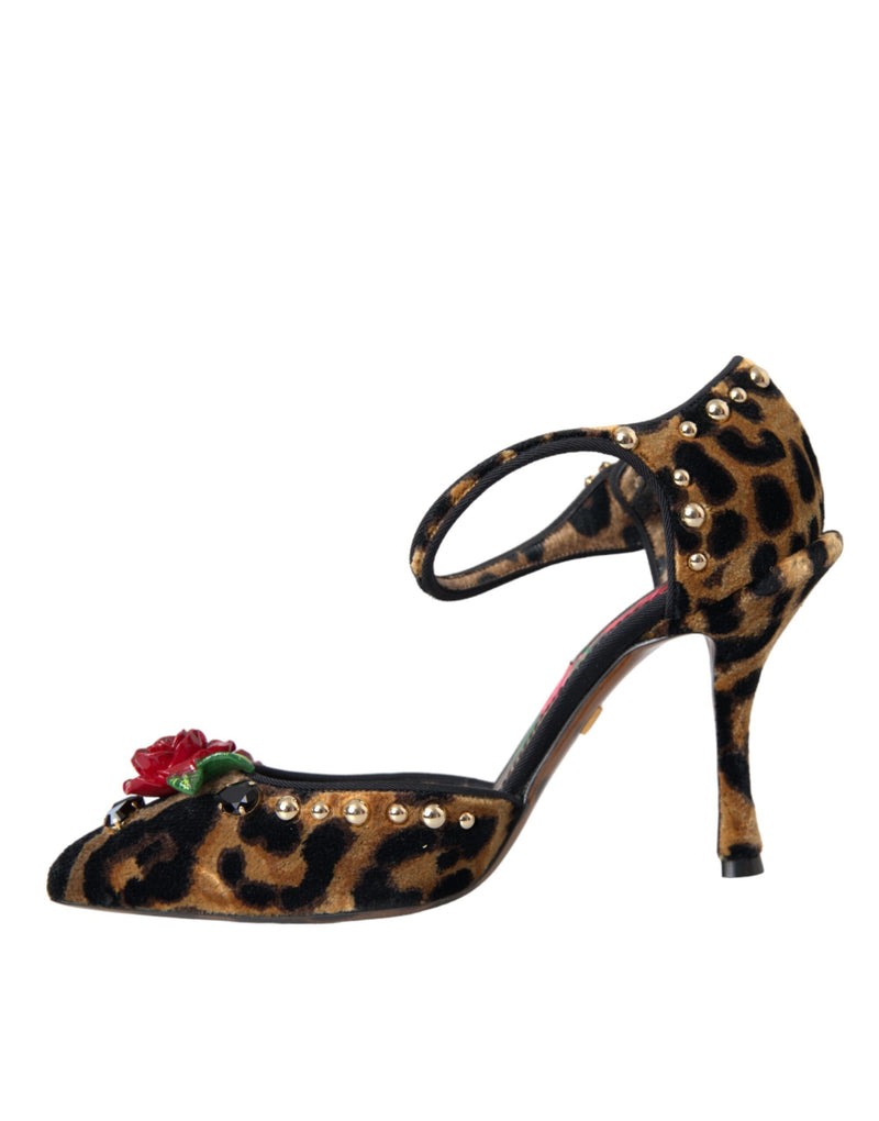 Brown Leopard Floral Crystal Mary Janes Pumps Shoes Dolce & Gabbana