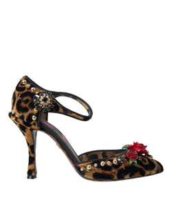 Brown Leopard Floral Crystal Mary Janes Pumps Shoes Dolce & Gabbana