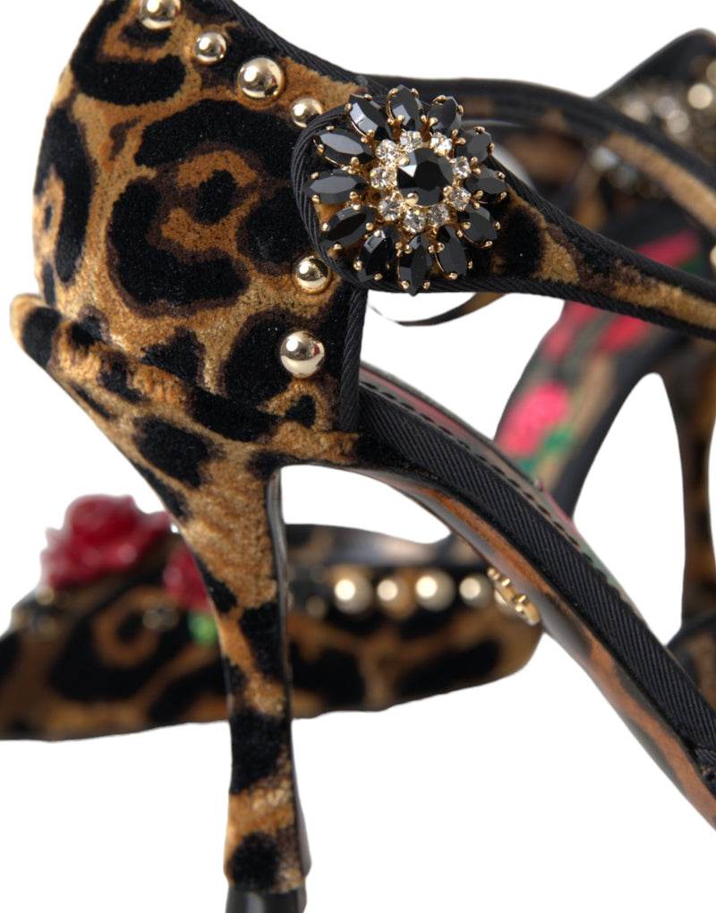 Brown Leopard Floral Crystal Mary Janes Pumps Shoes Dolce & Gabbana