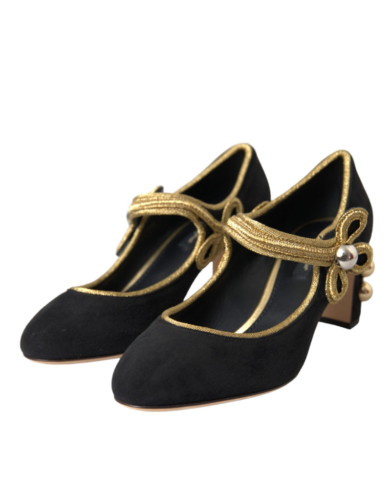 Black Suede Gold Mary Janes Heels Pumps Shoes Dolce & Gabbana