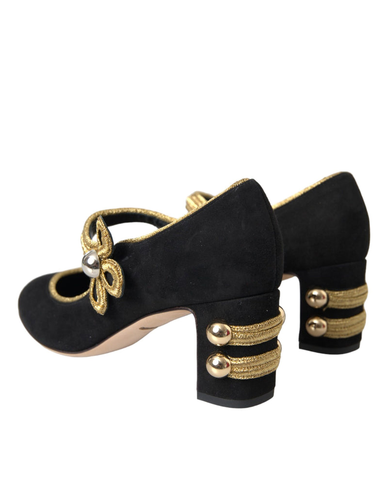 Black Suede Gold Mary Janes Heels Pumps Shoes Dolce & Gabbana