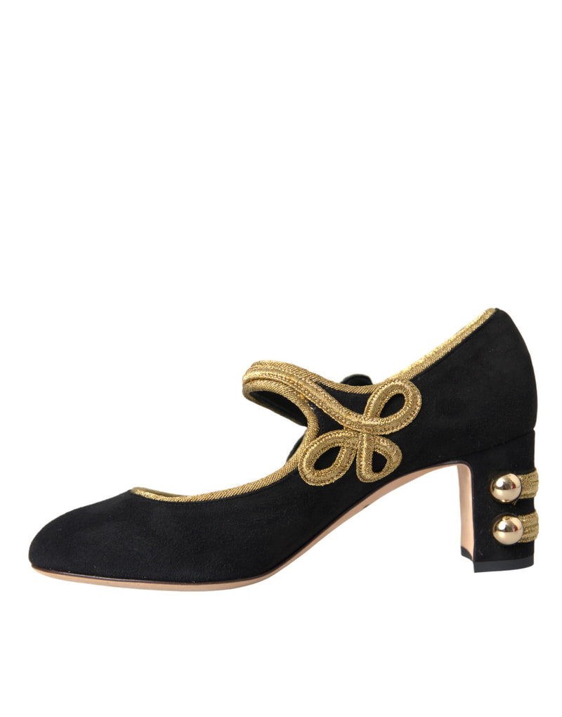 Black Suede Gold Mary Janes Heels Pumps Shoes Dolce & Gabbana