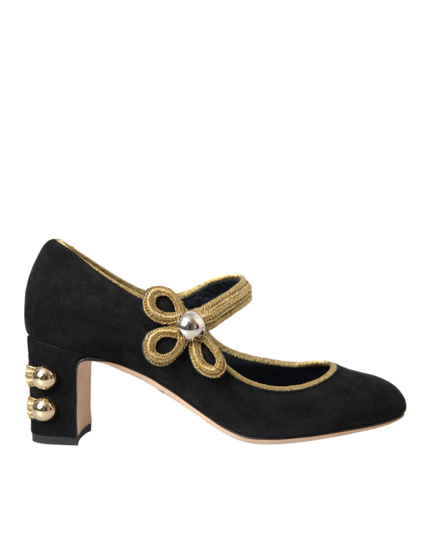 Black Suede Gold Mary Janes Heels Pumps Shoes Dolce & Gabbana