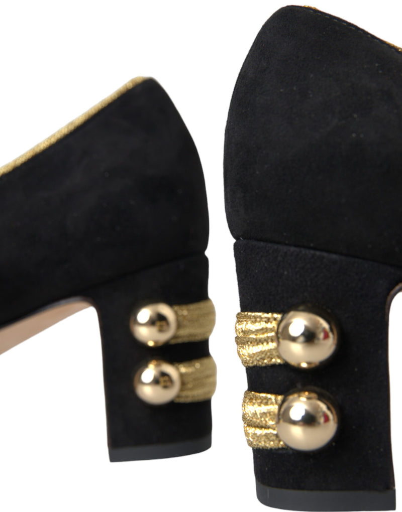 Black Suede Gold Mary Janes Heels Pumps Shoes Dolce & Gabbana