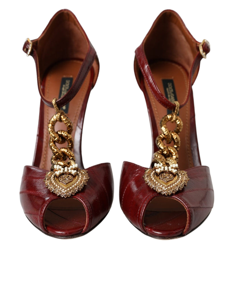 Dark Red Leather Gold Devotion Heart Sandals Shoes Dolce & Gabbana