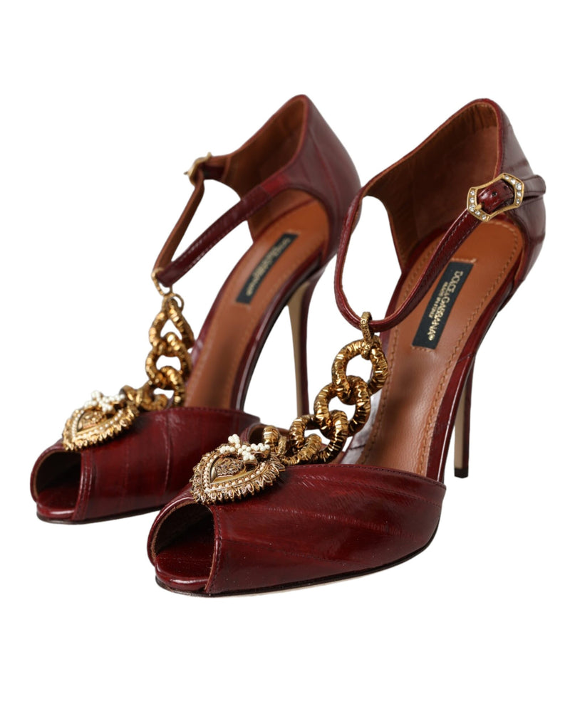 Dark Red Leather Gold Devotion Heart Sandals Shoes Dolce & Gabbana