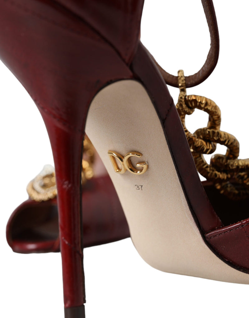 Dark Red Leather Gold Devotion Heart Sandals Shoes Dolce & Gabbana