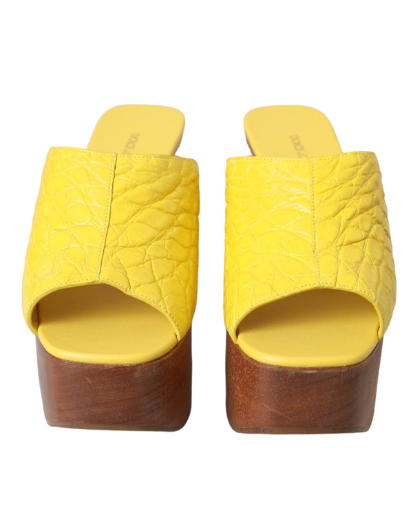 Yellow Leather Wood Mule Wedge Slides Shoes Dolce & Gabbana