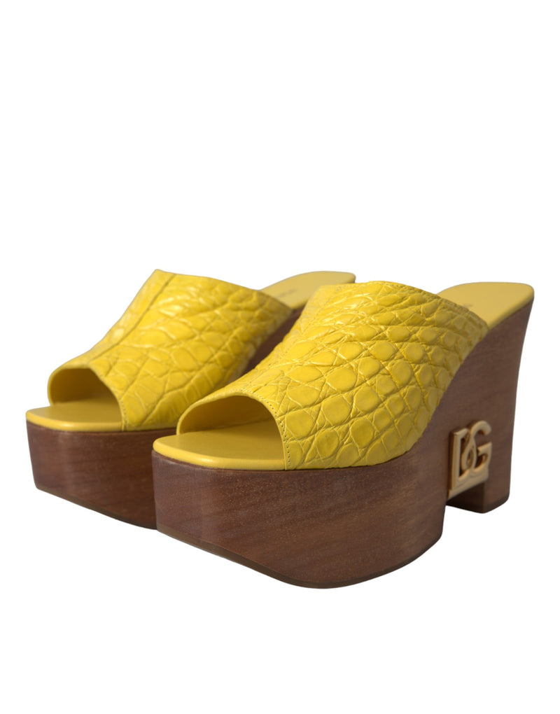 Yellow Leather Wood Mule Wedge Slides Shoes Dolce & Gabbana