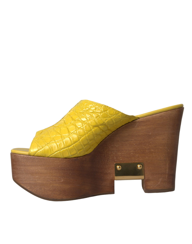 Yellow Leather Wood Mule Wedge Slides Shoes Dolce & Gabbana