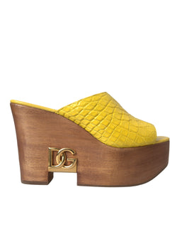 Yellow Leather Wood Mule Wedge Slides Shoes Dolce & Gabbana