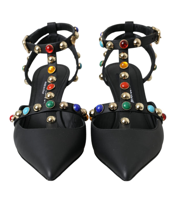 Black Leather Embellished Heels Sandal Shoes Dolce & Gabbana