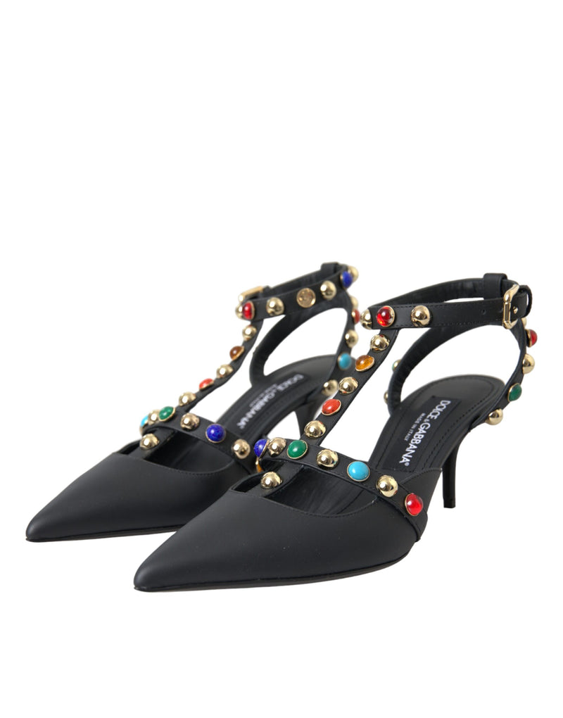 Black Leather Embellished Heels Sandal Shoes Dolce & Gabbana