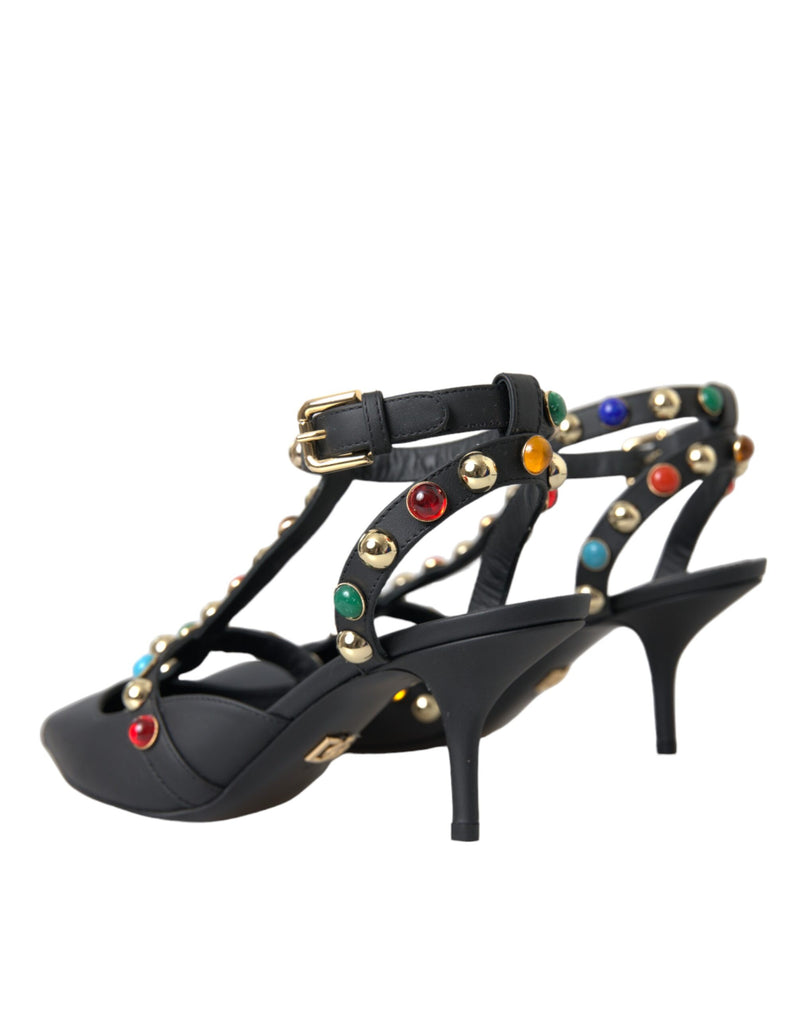 Black Leather Embellished Heels Sandal Shoes Dolce & Gabbana