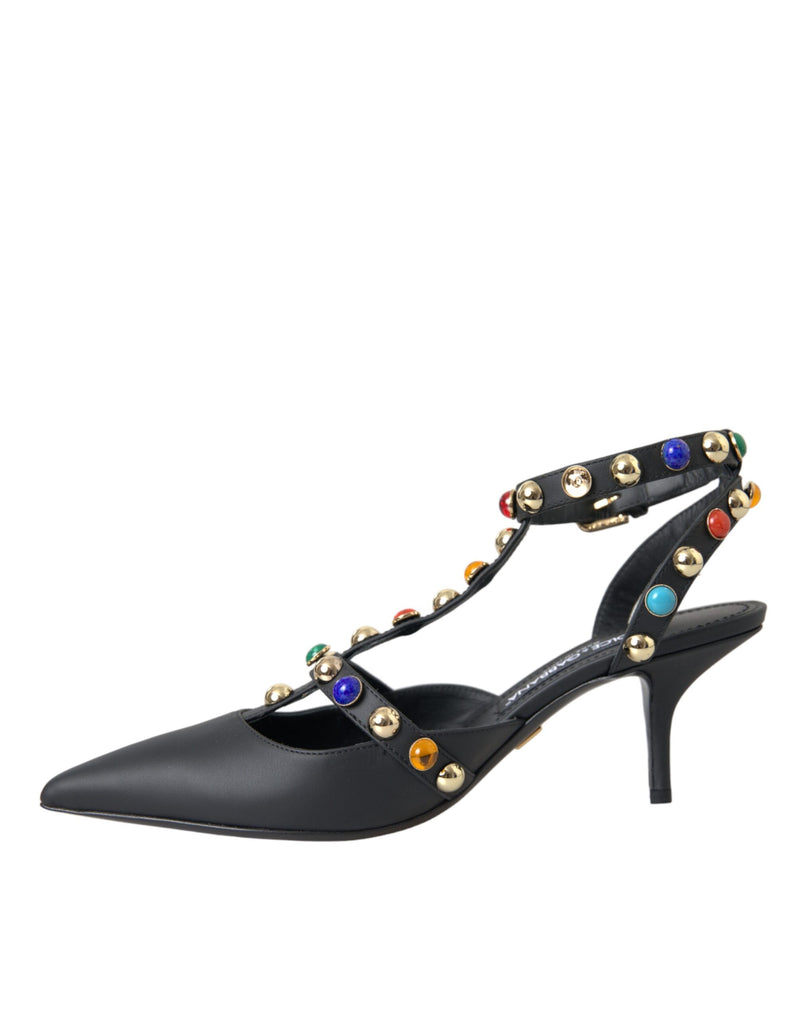 Black Leather Embellished Heels Sandal Shoes Dolce & Gabbana