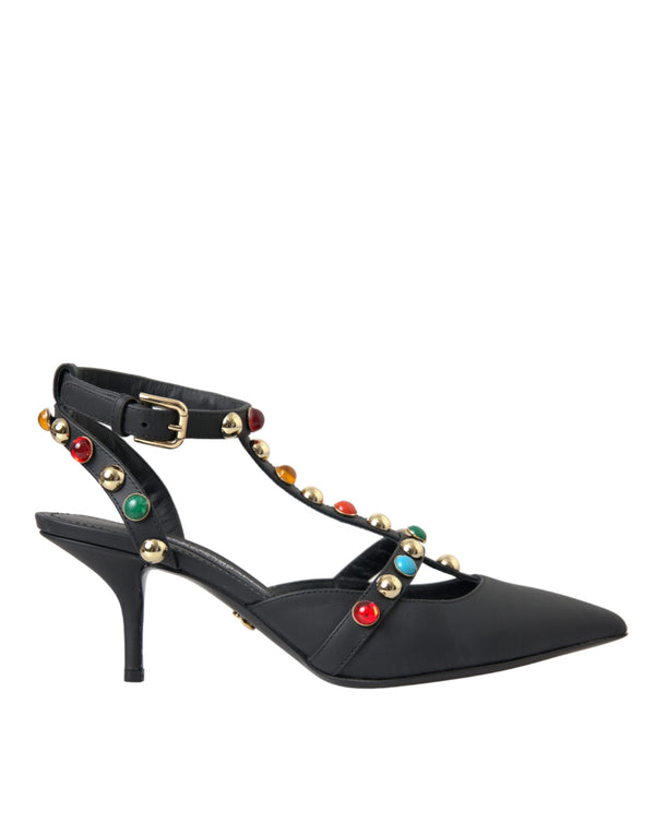 Black Leather Embellished Heels Sandal Shoes Dolce & Gabbana