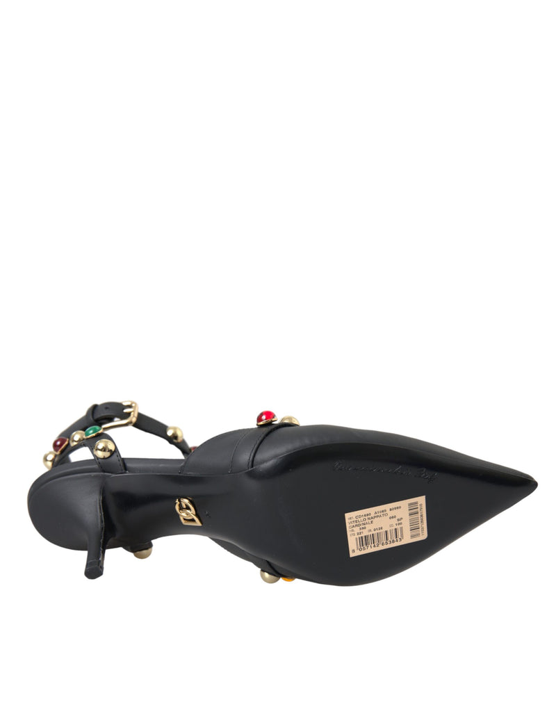 Black Leather Embellished Heels Sandal Shoes Dolce & Gabbana