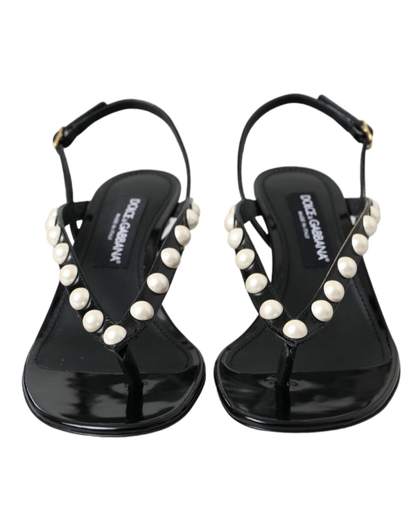 Black Leather Faux Pearl Heel Sandals Shoes Dolce & Gabbana