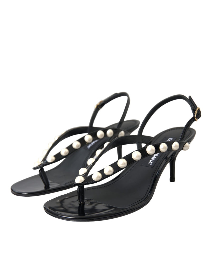 Black Leather Faux Pearl Heel Sandals Shoes Dolce & Gabbana