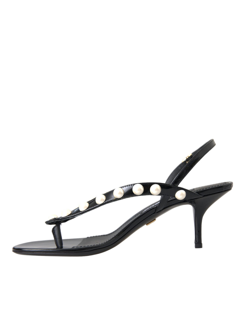 Black Leather Faux Pearl Heel Sandals Shoes Dolce & Gabbana