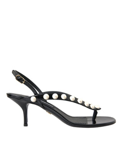 Black Leather Faux Pearl Heel Sandals Shoes Dolce & Gabbana