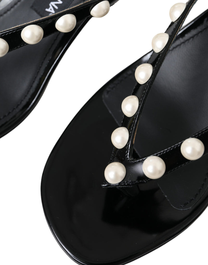 Black Leather Faux Pearl Heel Sandals Shoes Dolce & Gabbana