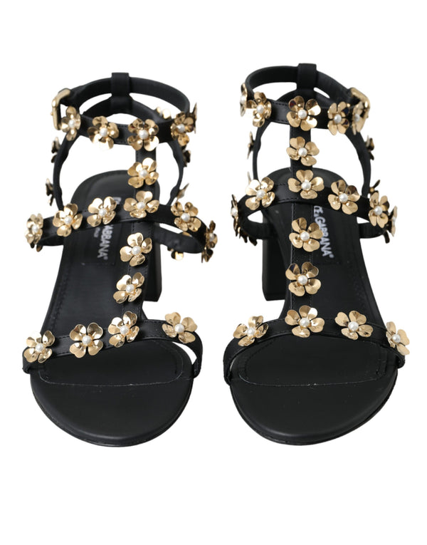 Black Leather Embellished Heel Sandal Shoes Dolce & Gabbana