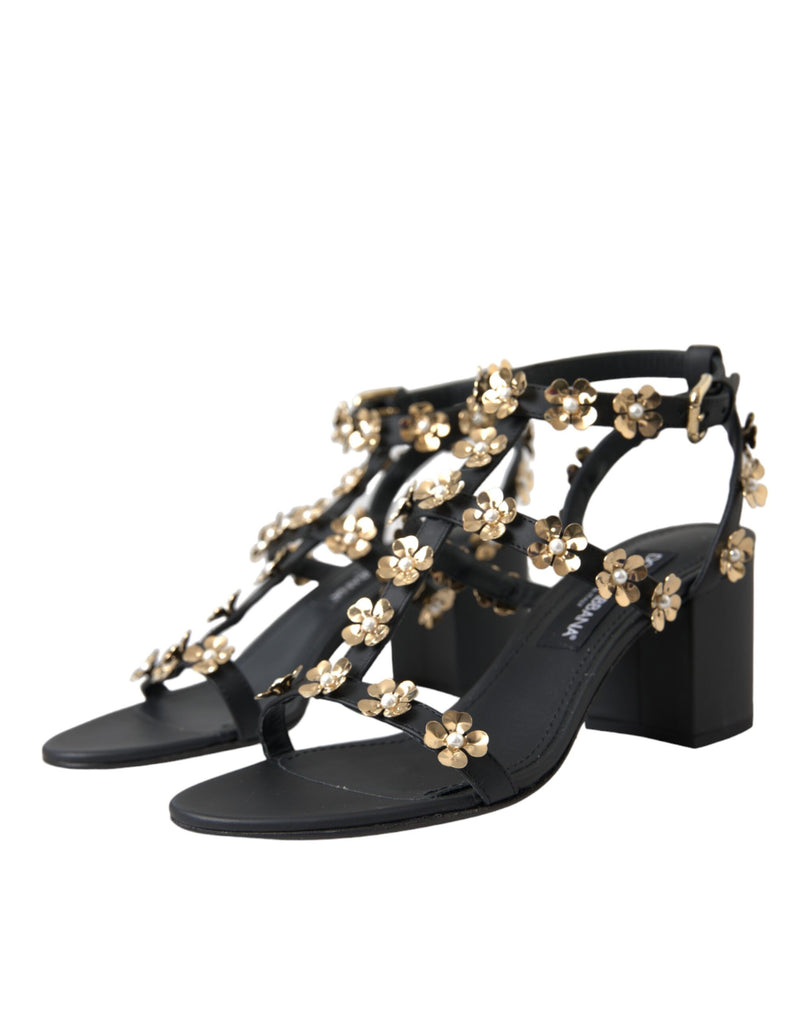 Black Leather Embellished Heel Sandal Shoes Dolce & Gabbana