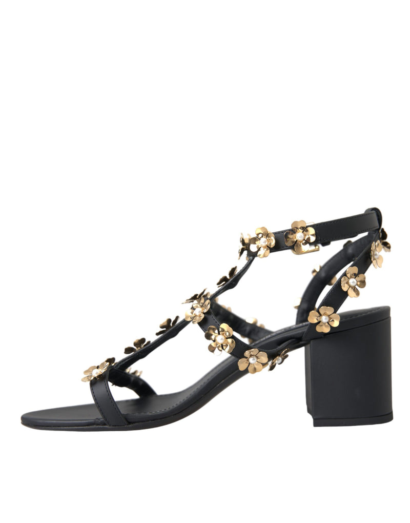 Black Leather Embellished Heel Sandal Shoes Dolce & Gabbana