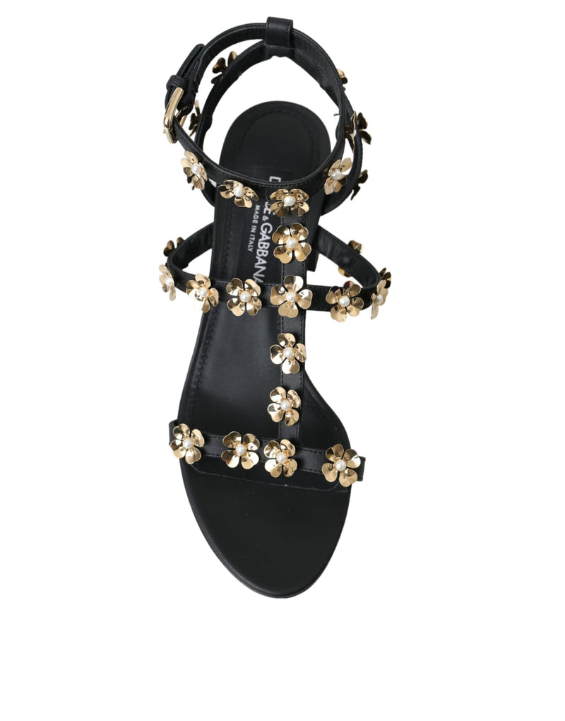 Black Leather Embellished Heel Sandal Shoes Dolce & Gabbana