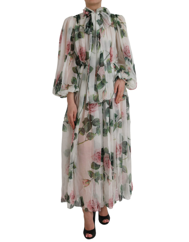 White Silk Floral Print Long Maxi Dress Dolce & Gabbana